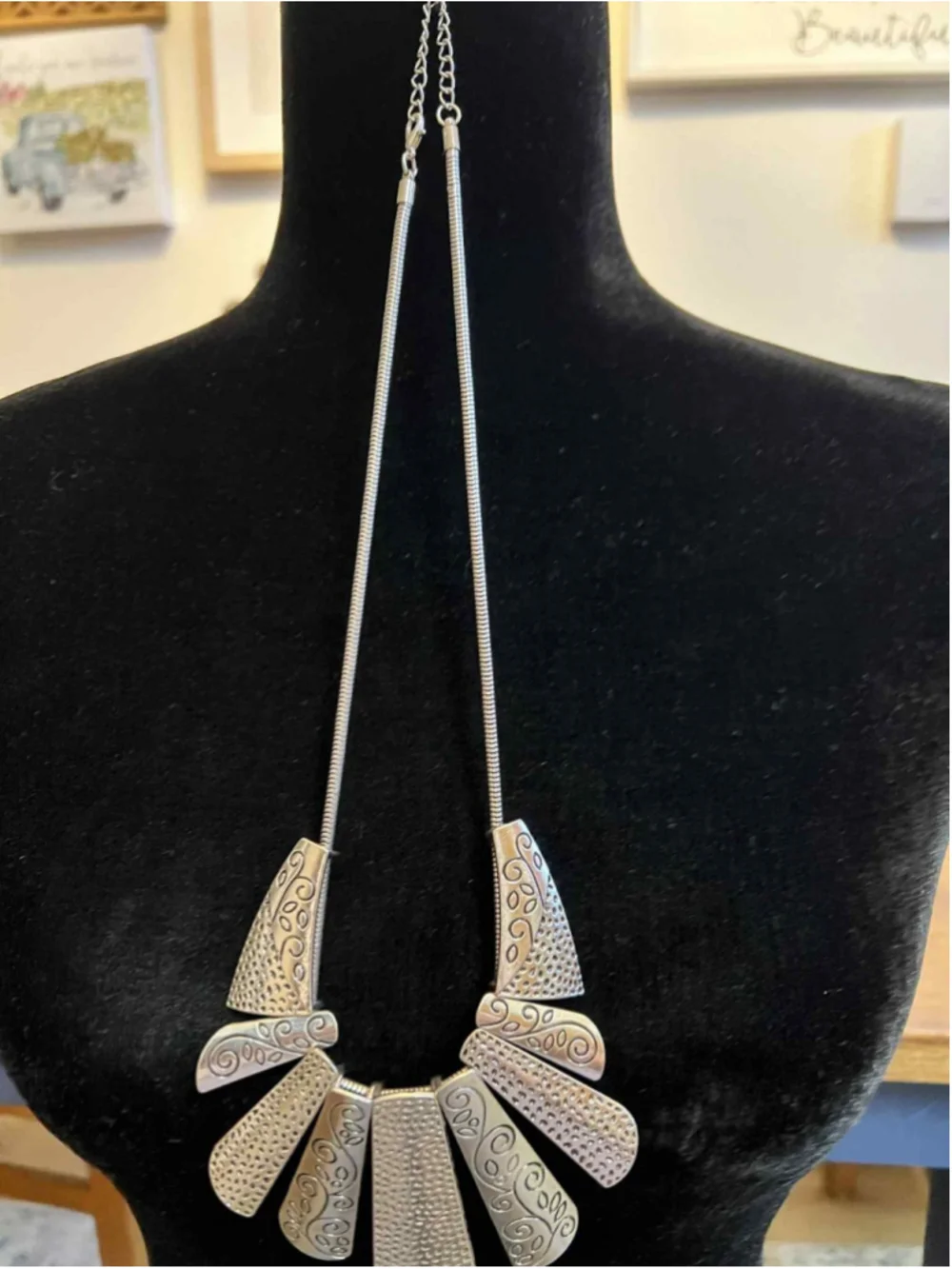 Silver Tone Statement Bib Necklace Etched Metal Panels Boho Tribal Festival